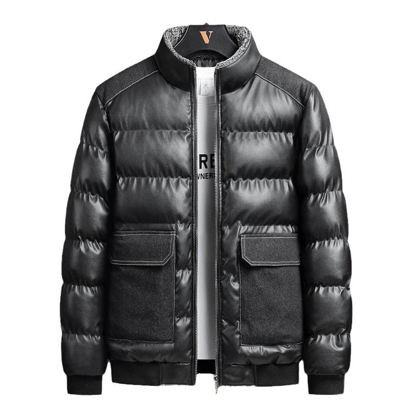 Black padded winter jacket with zip front and large flap pockets on white background