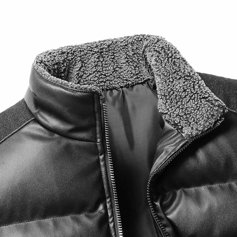 Black leather jacket with gray sherpa fleece collar and front zipper