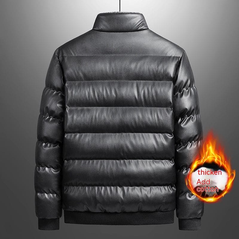 Back view of black thick padded winter jacket with cotton insulation label and flame graphic