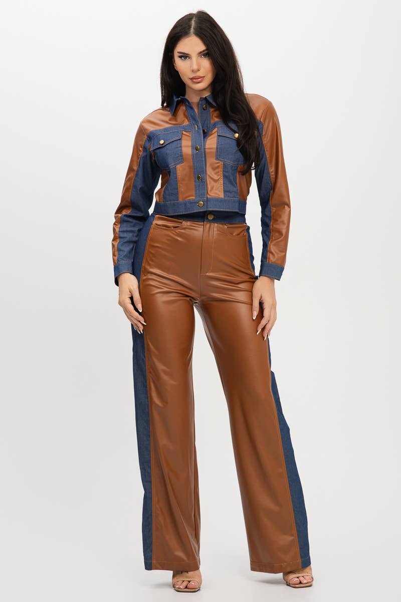 Pu Fabric Denim Contrast Jackets And Pants Set