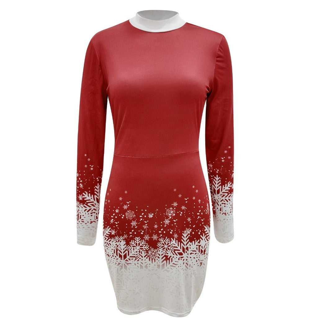 European And American Christmas Printed Long Sleeve Dress A-lineskirt Women