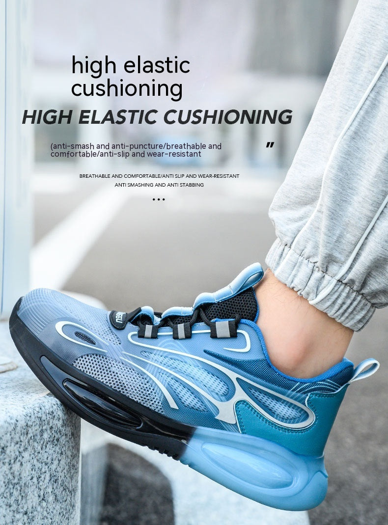 Blue breathable safety sneaker with high elastic cushioning and anti-slip sole worn with grey joggers