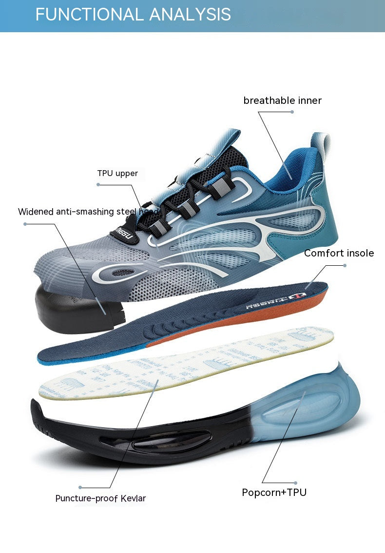 Exploded view of safety shoe with TPU upper, breathable inner, widened steel toe, comfort insole, puncture-proof Kevlar, and Popcorn+TPU sole