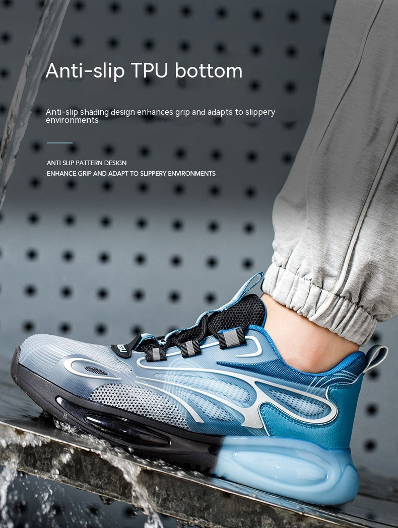 Blue and black athletic shoe with anti-slip TPU sole on wet surface, emphasizing grip and durability