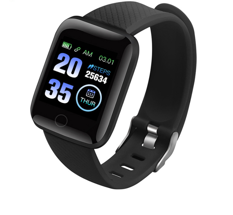 Black fitness smartwatch displaying time, date, step count, and battery status with silicone strap