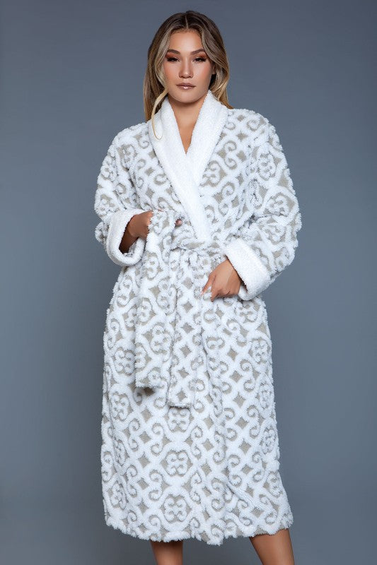 Women’s Long Sherpa Plush Damask Robe – Soft Warm Wrap Robe with Belt
