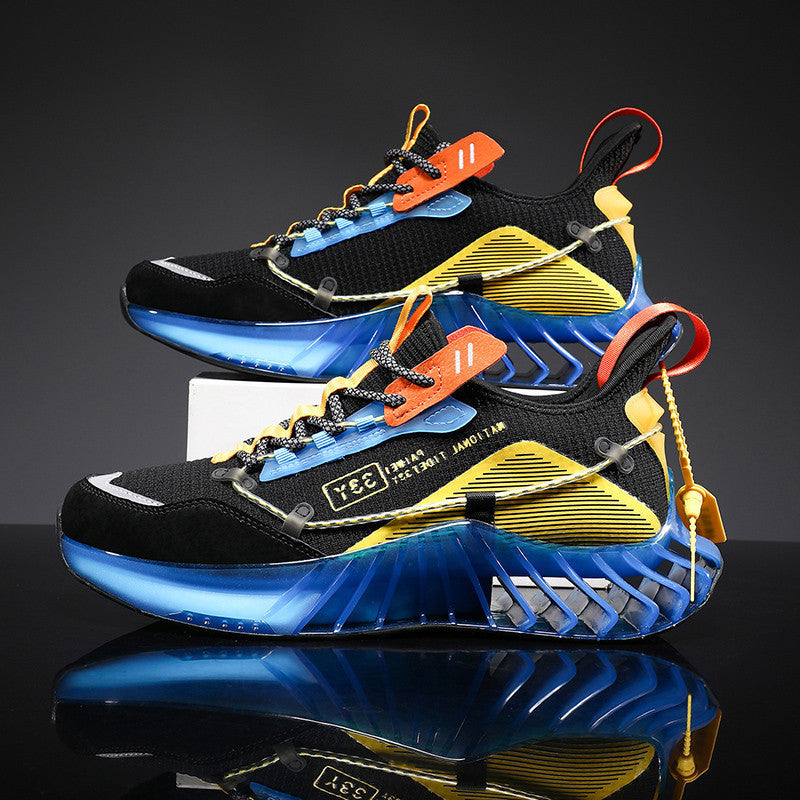 Black athletic sneakers with blue soles, yellow and orange accents, and unique textured design