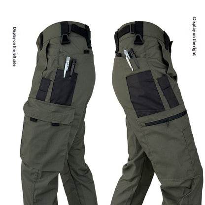 Olive green tactical cargo pants with black pockets and belt loops shown from left and right side views