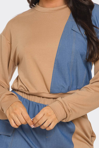 French Terry Color Block Denim Detail Top Pockets Pants Set