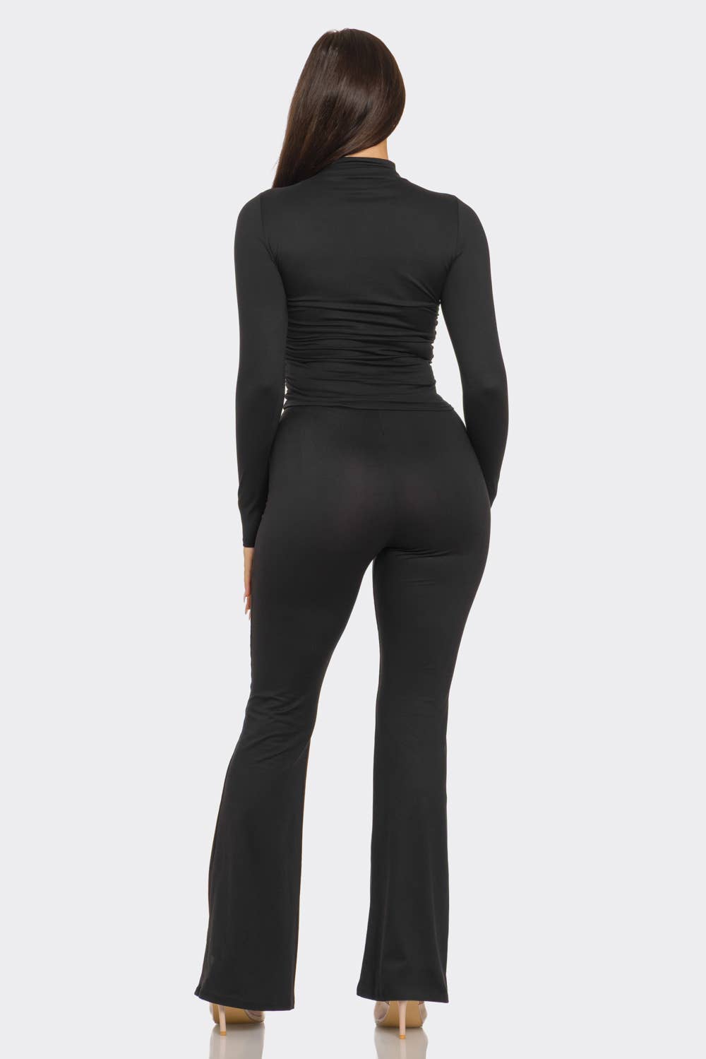 Mock Neck Shirring Top And Flare Leggings Set