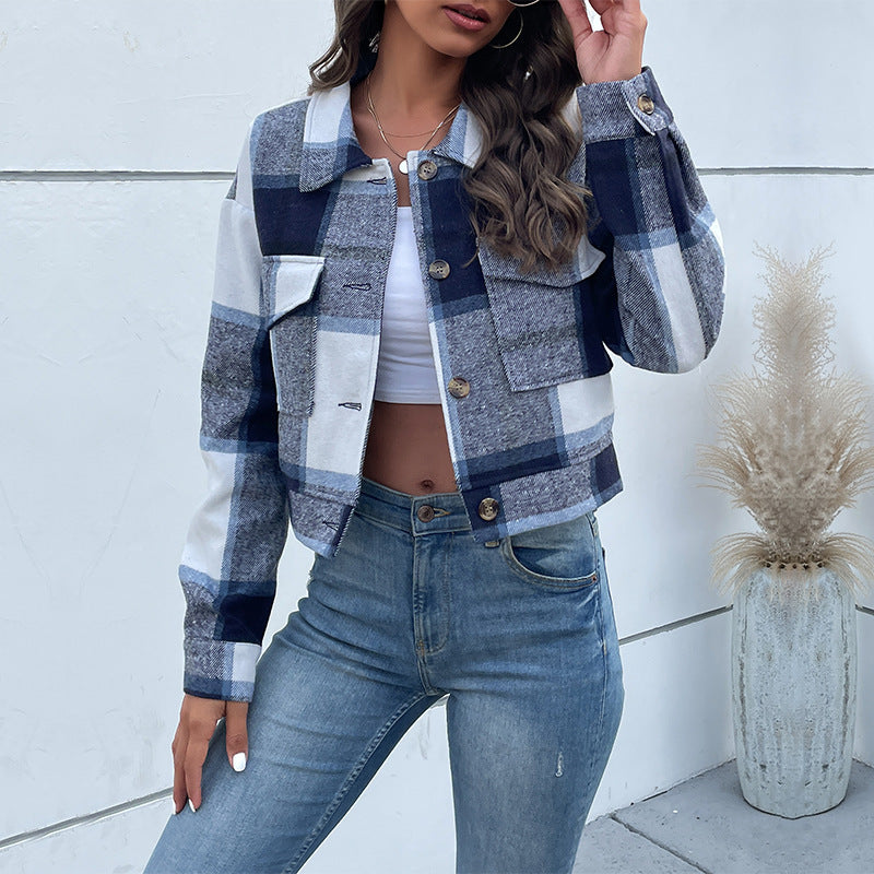 NEW Plaid Lapel Cropped Jacket With Pockets Fashion Button Long Sleeve Short Outwear Tops Coat For Womens Clothing