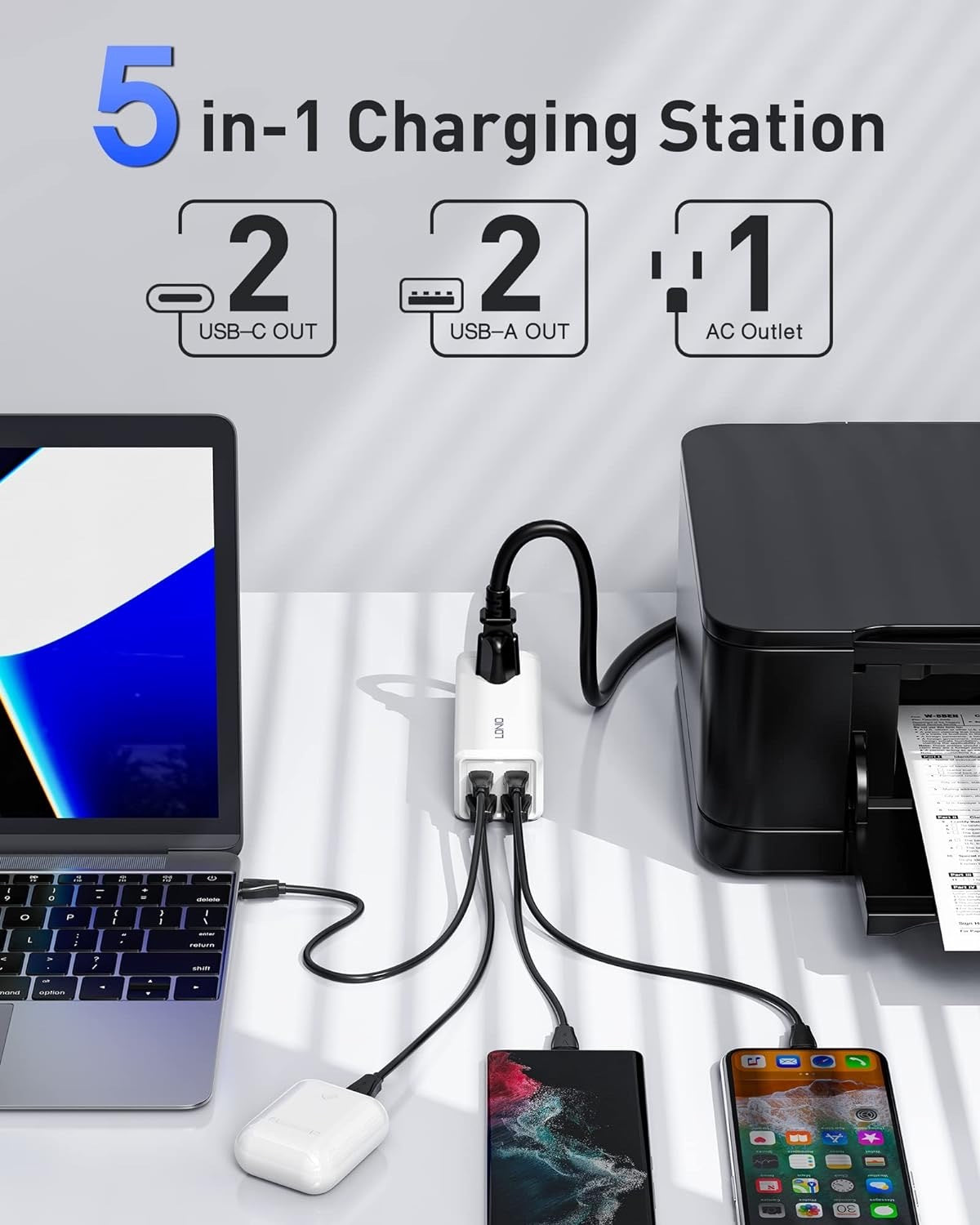 NEW USB C Charger, MANTO 65W 5-in-1 GaN USB Charging Station, Super Fast Charger With 2 USB C Ports, 2 USB Ports And 1 Outlet, USB C Power Strip