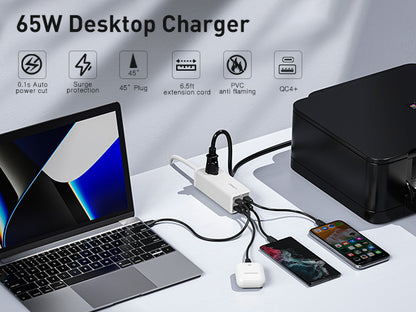 NEW USB C Charger, MANTO 65W 5-in-1 GaN USB Charging Station, Super Fast Charger With 2 USB C Ports, 2 USB Ports And 1 Outlet, USB C Power Strip