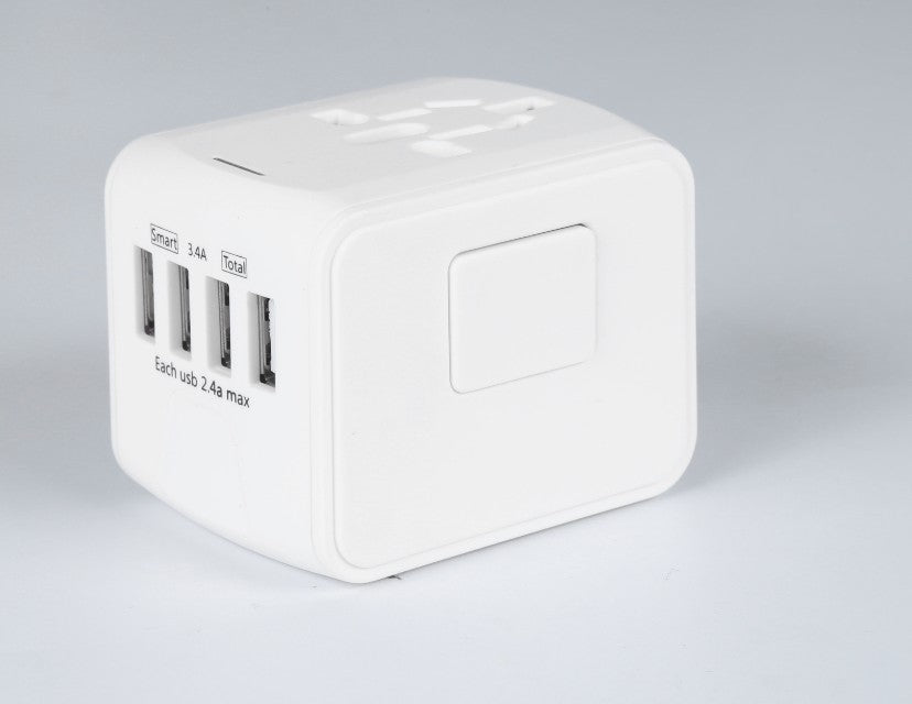 White USB wall charger cube with four USB ports and smart charging labels