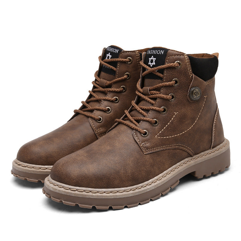 Brown men's fashion lace-up ankle boots with rugged sole and detailed stitching