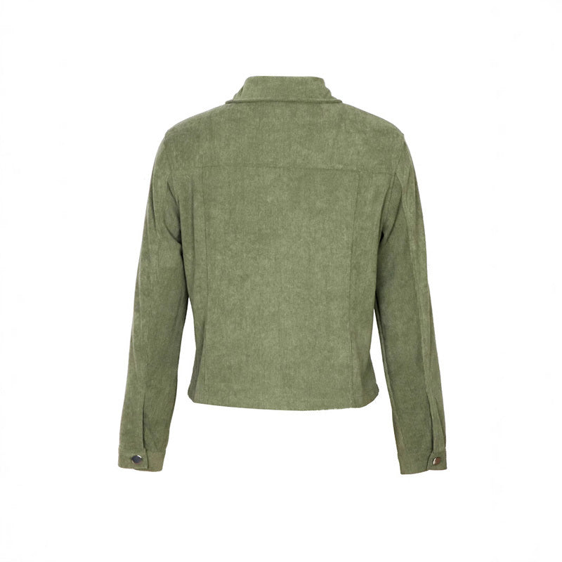 Back view of olive green suede jacket with long sleeves and buttoned cuffs