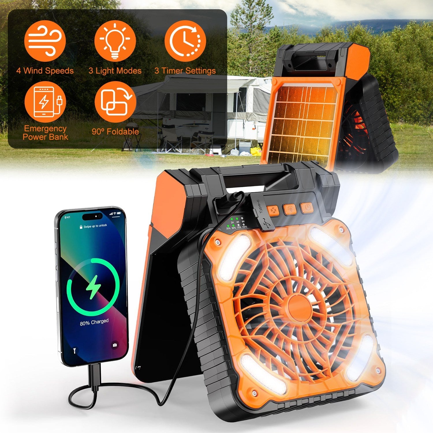 Portable camping fan with solar panel, LED lights, and phone charging feature in outdoor setting