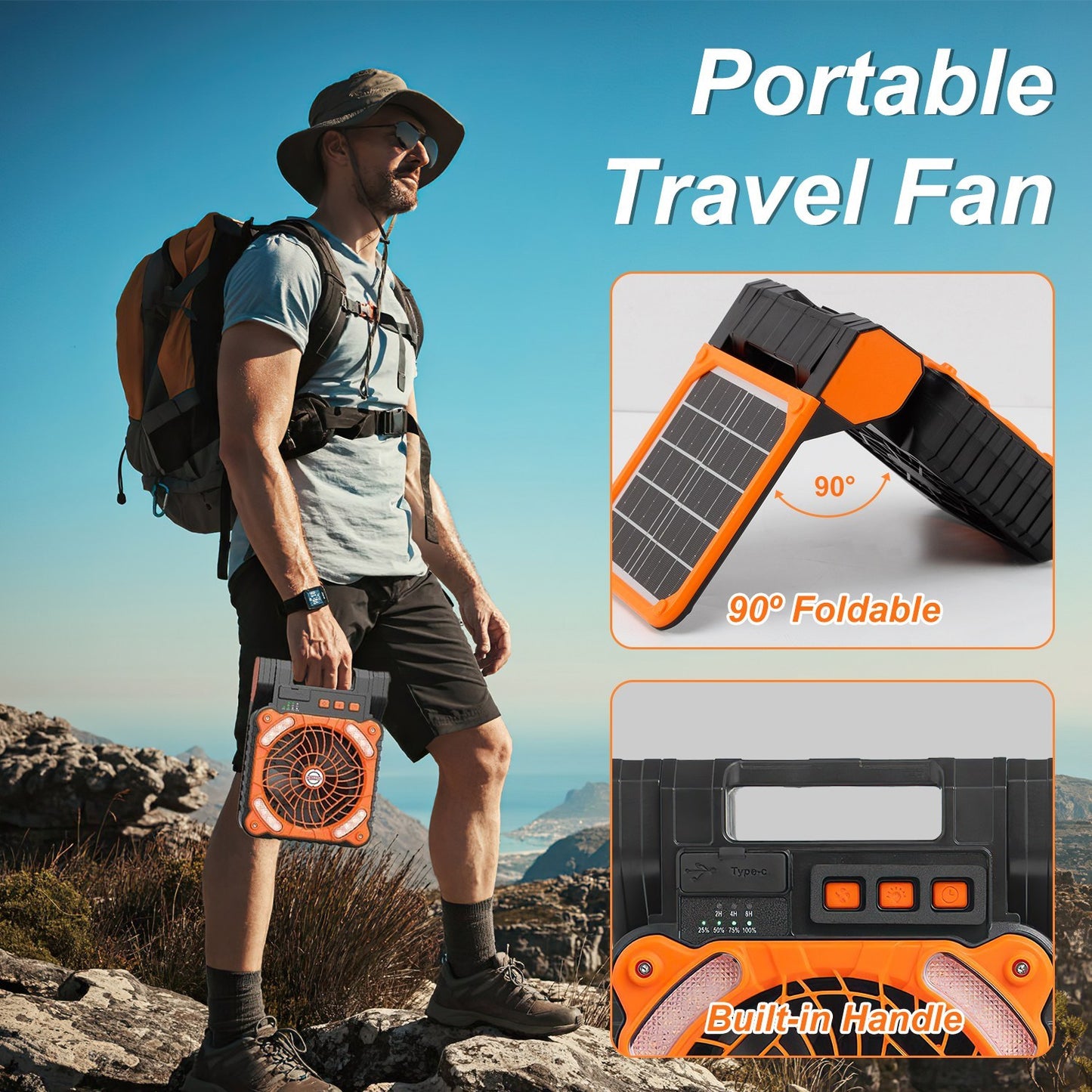 Man hiking outdoors holding an orange and black portable travel fan with 90° foldable design and built-in handle