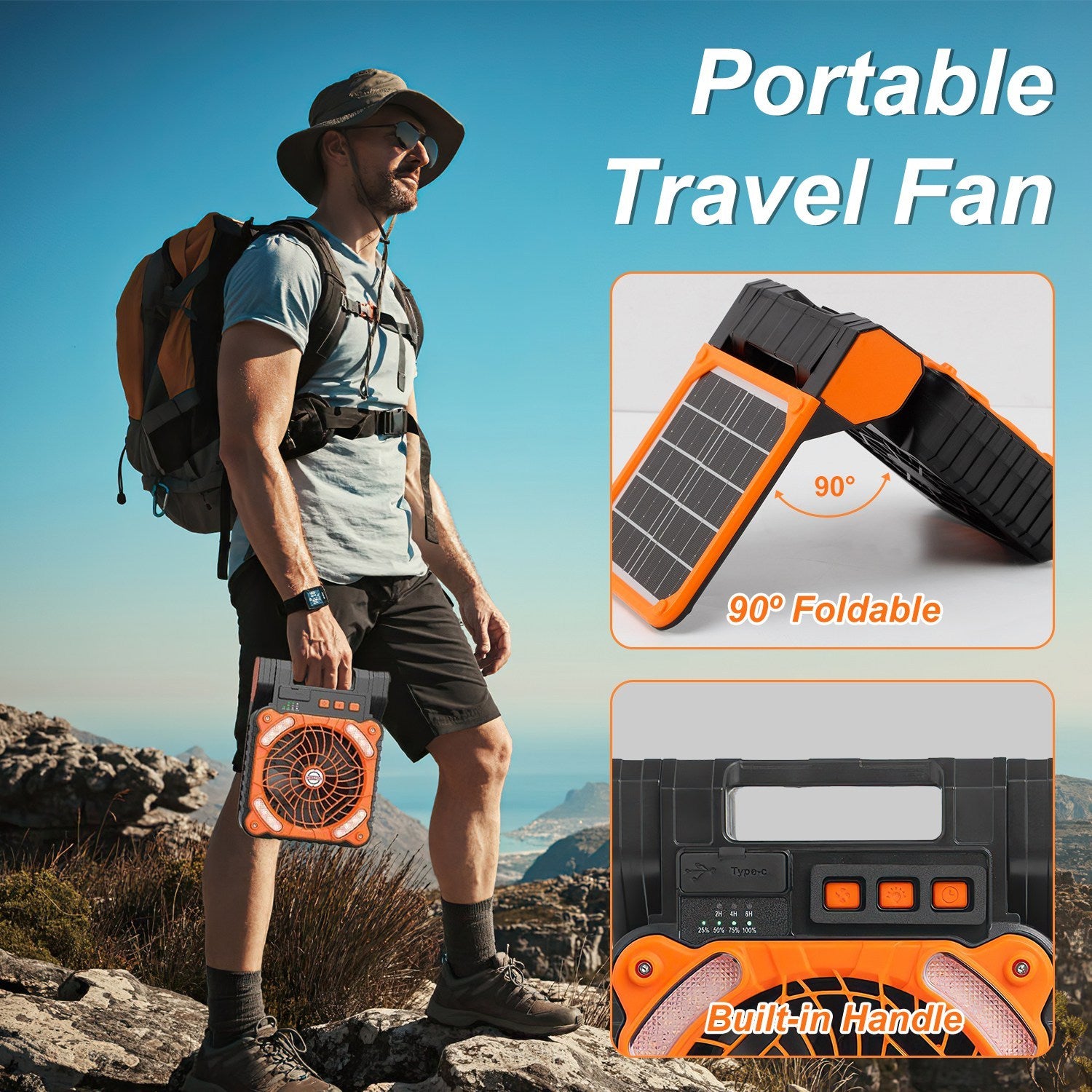 Man hiking outdoors holding an orange and black portable travel fan with 90° foldable design and built-in handle