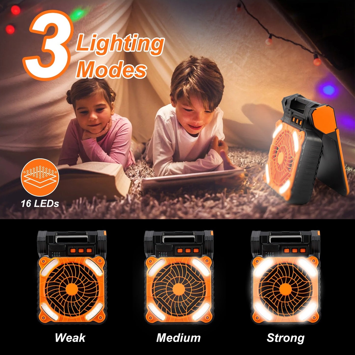Children reading under a blanket with an orange black LED light fan showing 3 lighting modes: weak, medium, strong