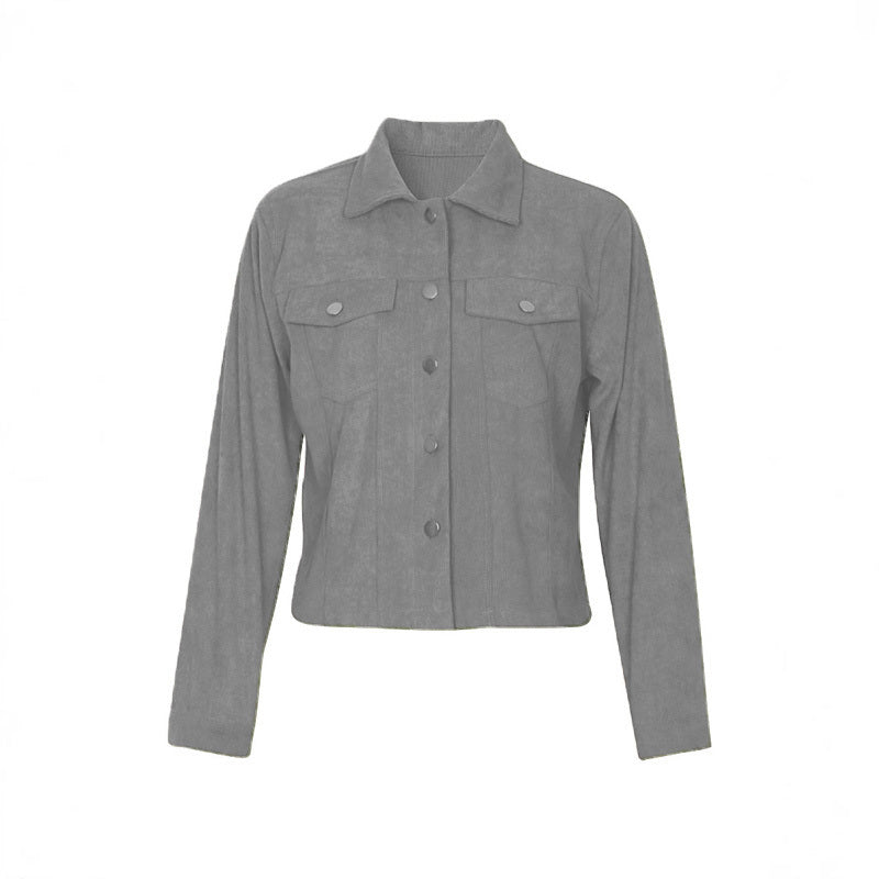 Gray suede women's cropped jacket with button front and flap pockets on chest