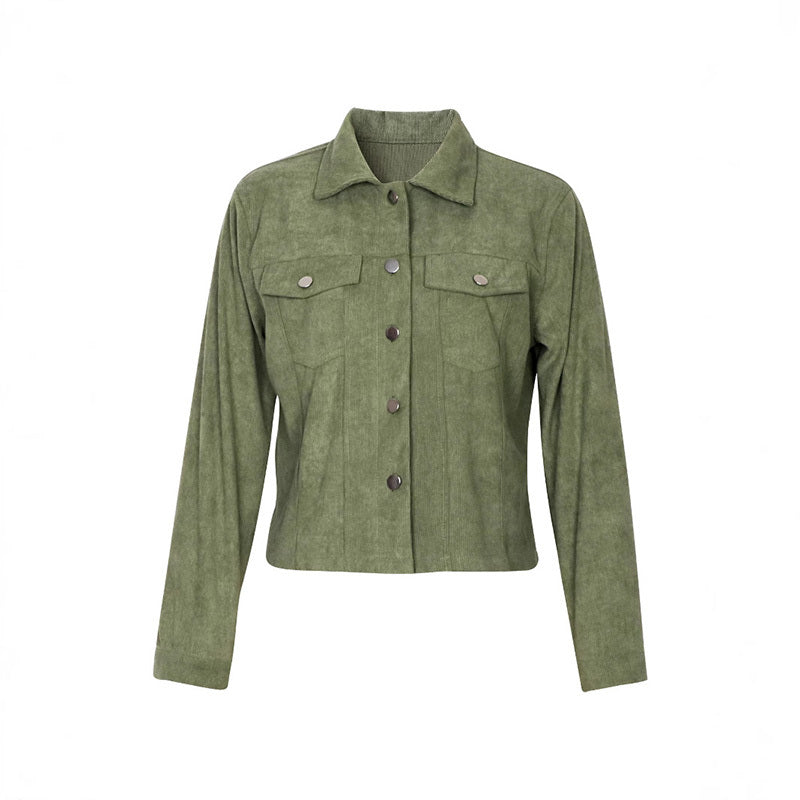 Olive green suede button-up jacket with collar and flap chest pockets