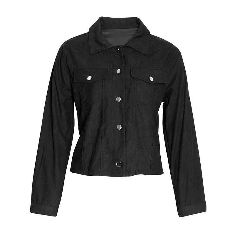 Black faux suede jacket with silver snap buttons and flap chest pockets