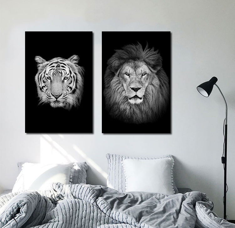 NEW Black And White Animals Tiger And Lion Wall Art Canvas Print Poster