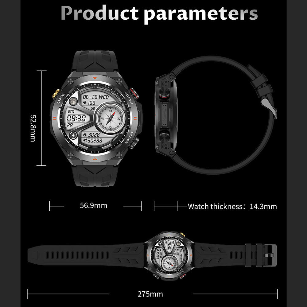 Black digital sports watch with compass, heart rate, step count, and date display, shown with dimensions