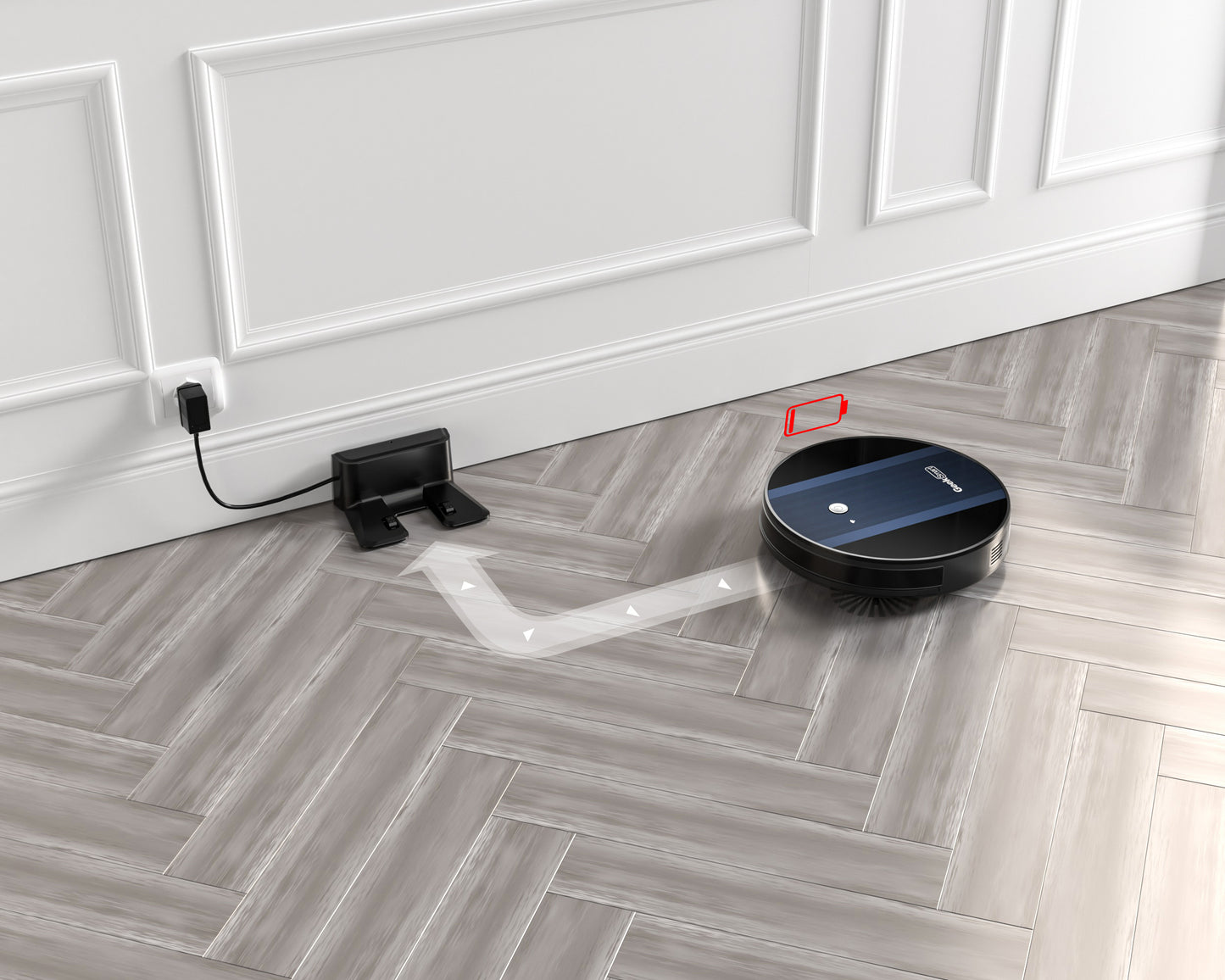 Black robot vacuum cleaner on herringbone wood floor returning to charging dock with low battery indicator