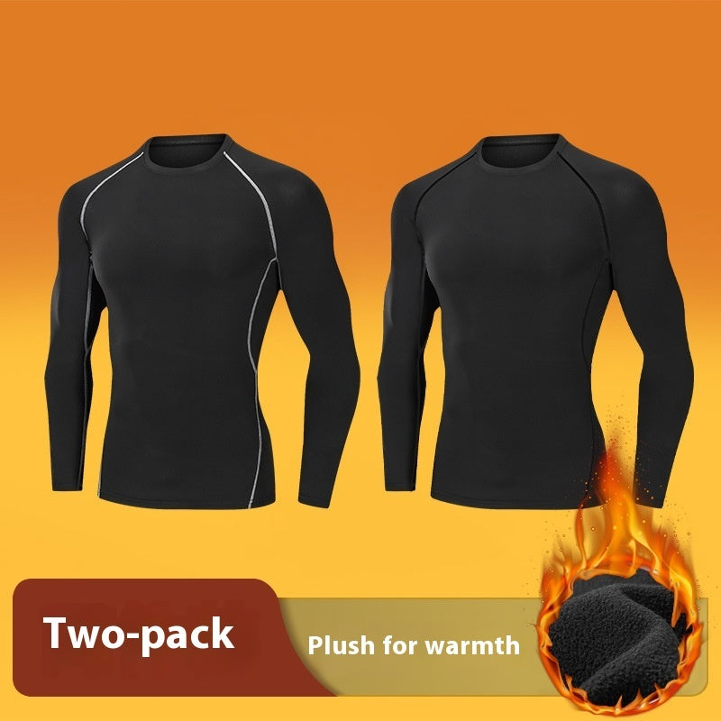 Two-pack of black long-sleeve thermal shirts with plush lining for warmth on orange gradient background