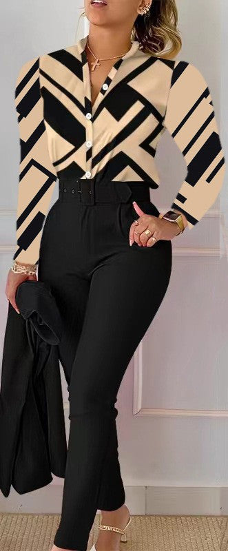 NEW Printed Long-sleeved Top Solid Color Pants Suit With Belt