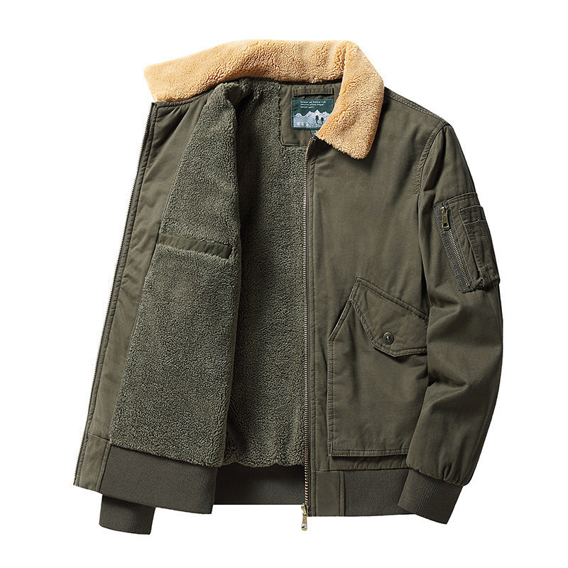 Olive green bomber jacket with tan sherpa collar and fleece lining, front pockets, and zippered sleeve pocket