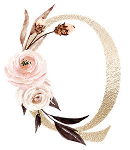 Gold textured letter Q adorned with pink and white roses and brown leaves on white background