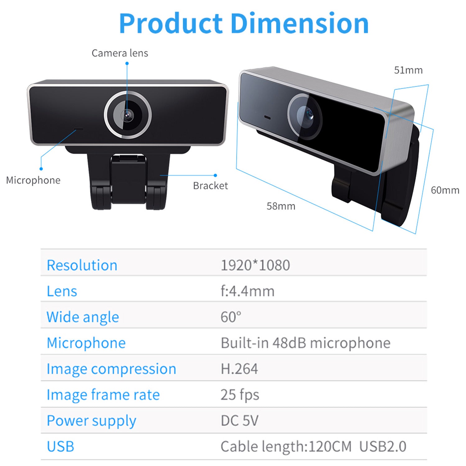 Black widescreen webcam with built-in microphone and adjustable bracket, 1920x1080 resolution