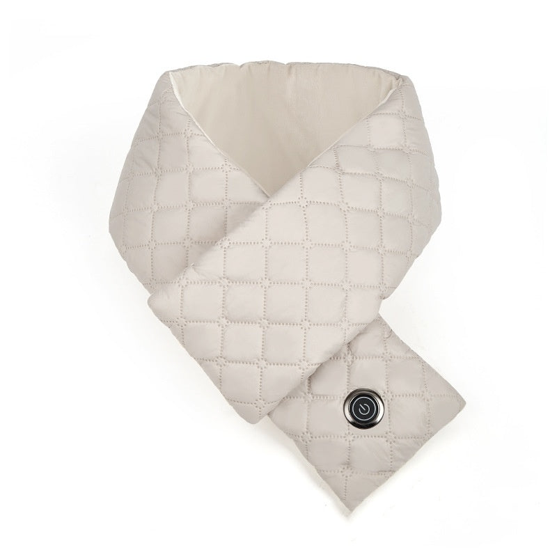 Quilted beige heated scarf with power button detail on plain white background