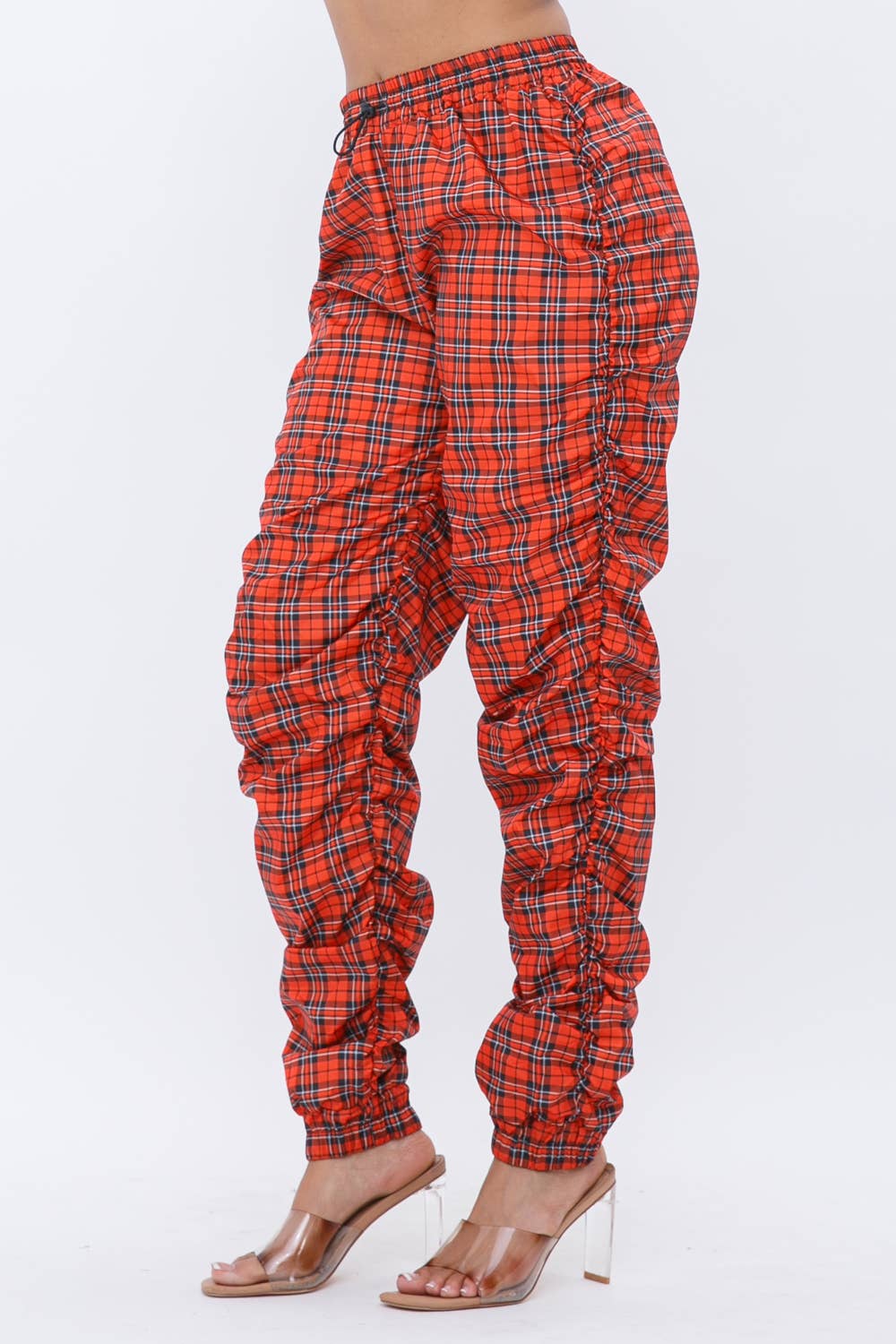 Plaid Print Wind Breaker Drawstring Shirring Jogger Pants
