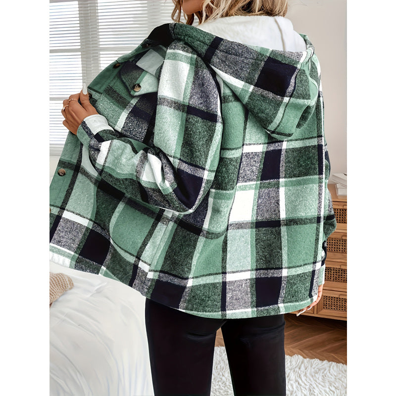 NEW Women's Plaid Fleece Lined Hooded Jacket Button Front Long Sleeve Coat With Pocket