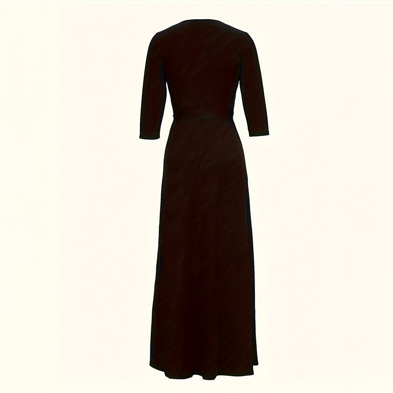 Back view of black long dress with three-quarter sleeves on white background