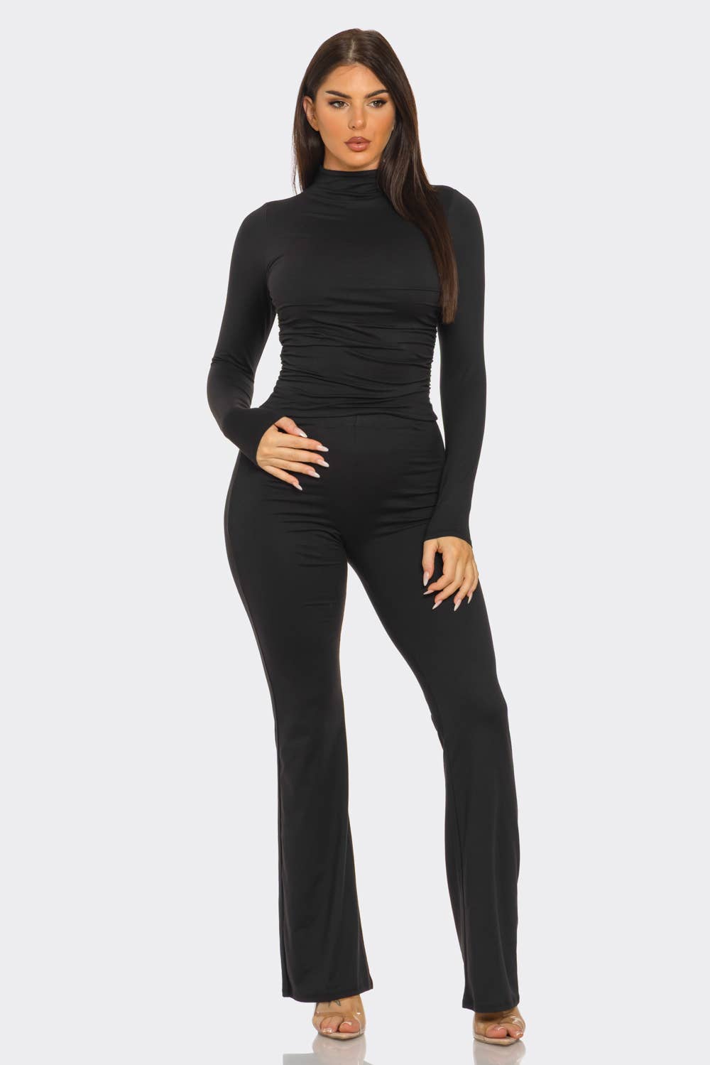 Mock Neck Shirring Top And Flare Leggings Set