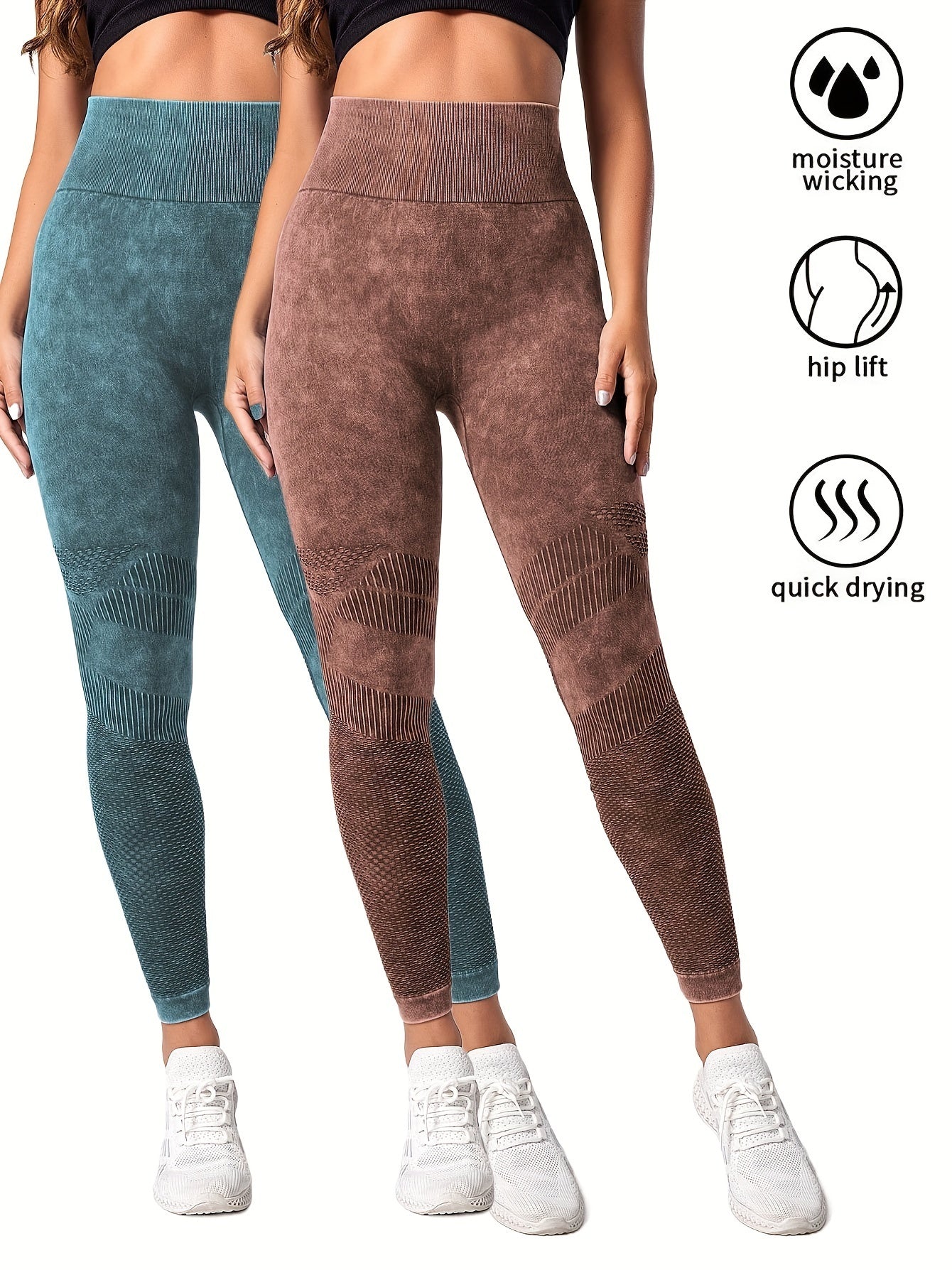 Two women wearing high waist seamless sports leggings in teal and brown with textured knee patterns and white sneakers