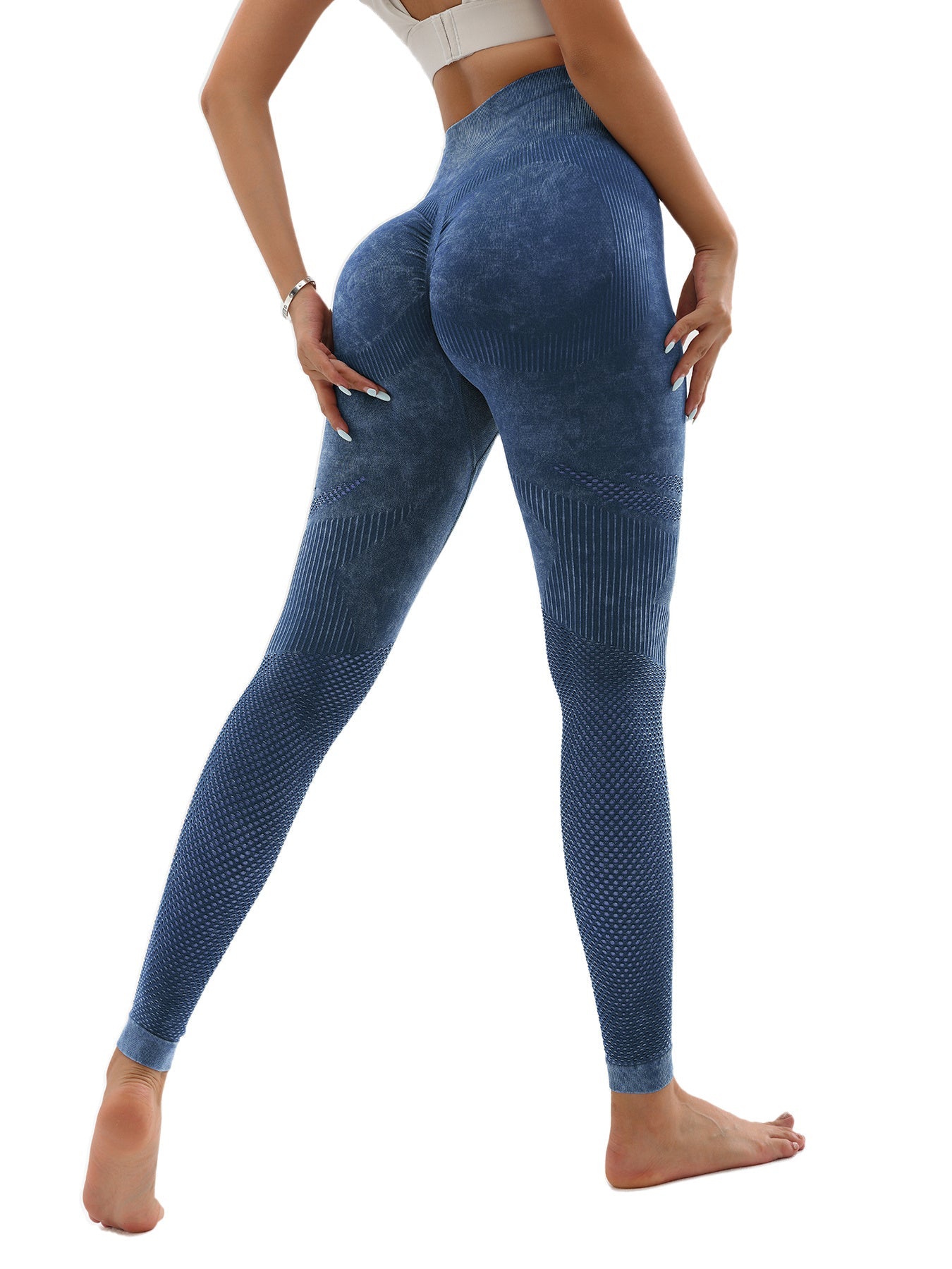 woman wearing blue seamless high waist textured tummy control leggings with ruched detailing on white background