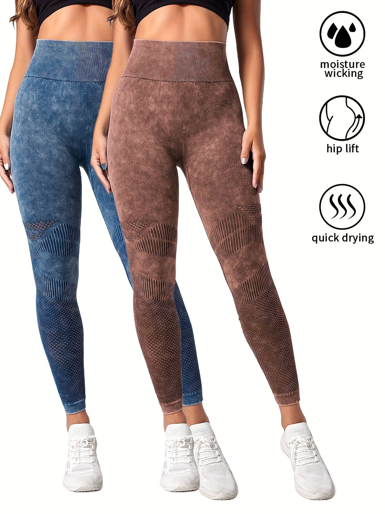 Two women wearing seamless high-waist textured leggings in blue and brown with white sneakers