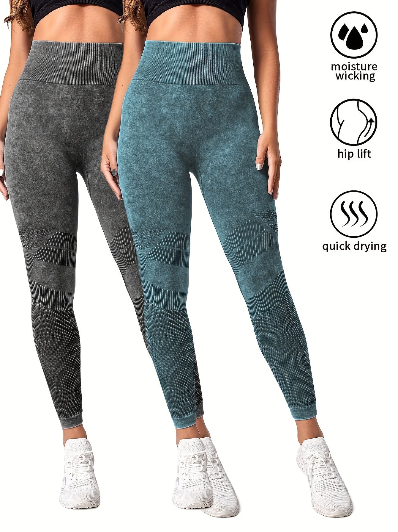 Two women wearing seamless high-waist textured sports leggings in grey and teal with white sneakers