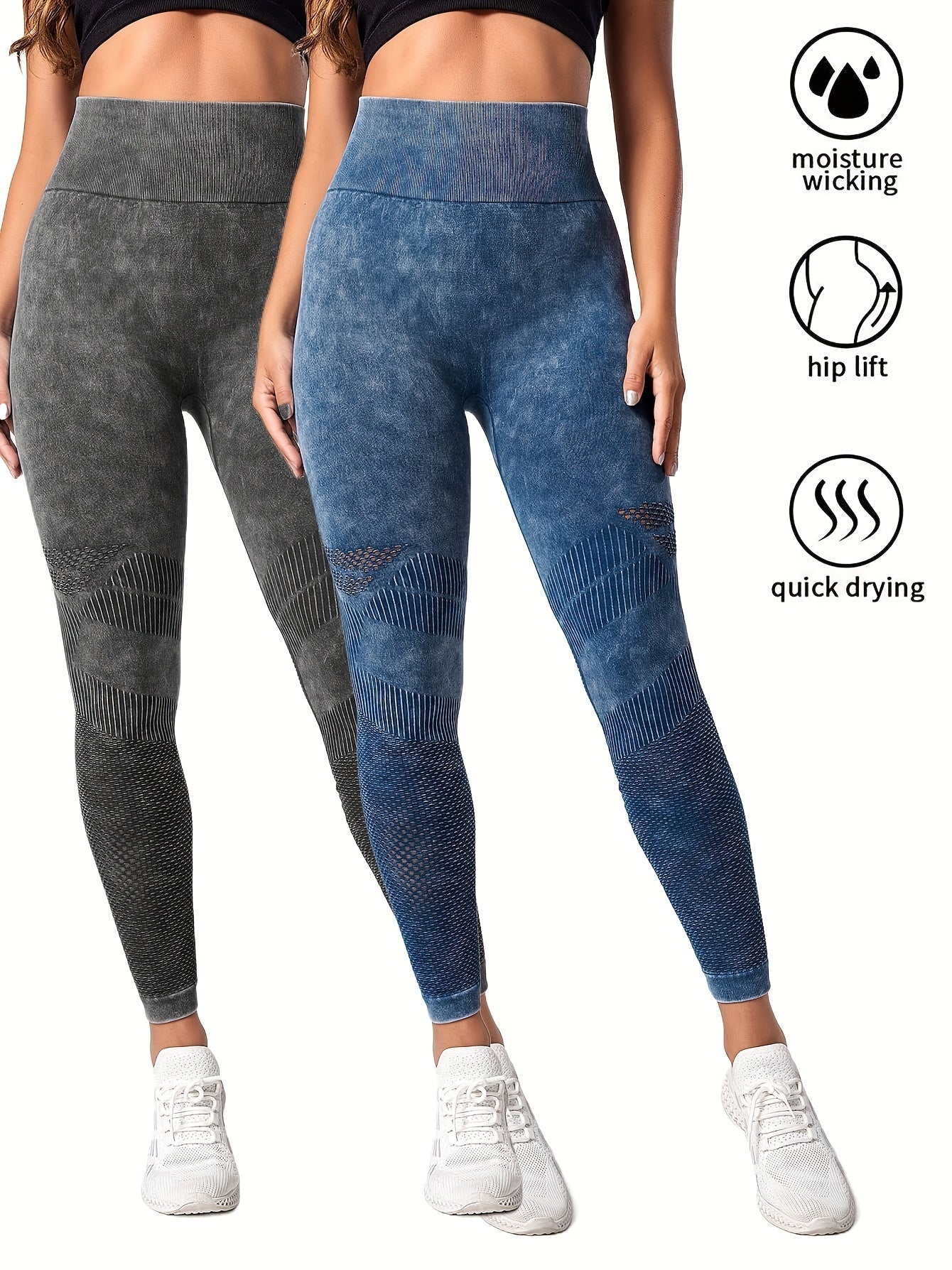 Two women wearing high-waist seamless sports leggings in gray and blue with textured patterns and white sneakers
