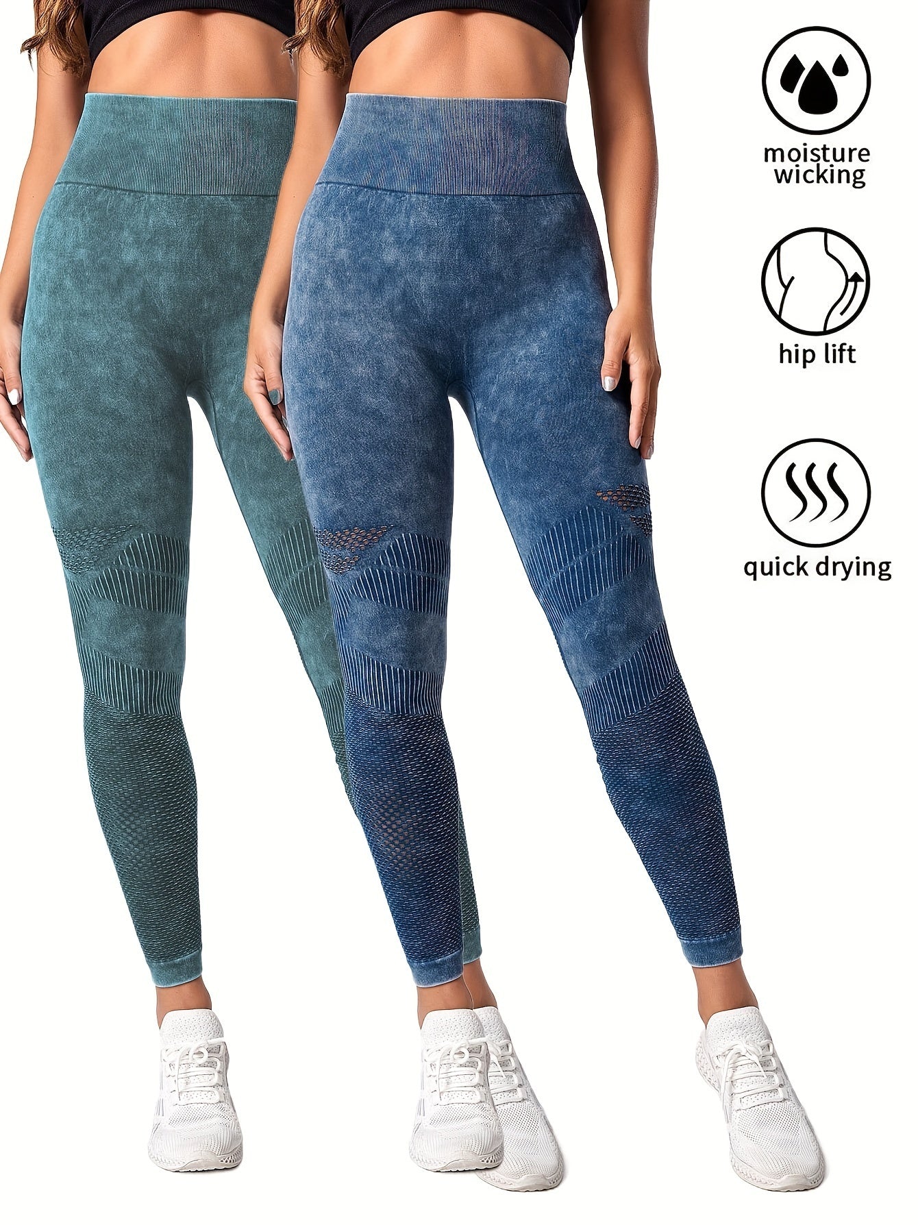 Two women wearing seamless high-waist textured sports leggings in teal and blue with mesh details and white sneakers