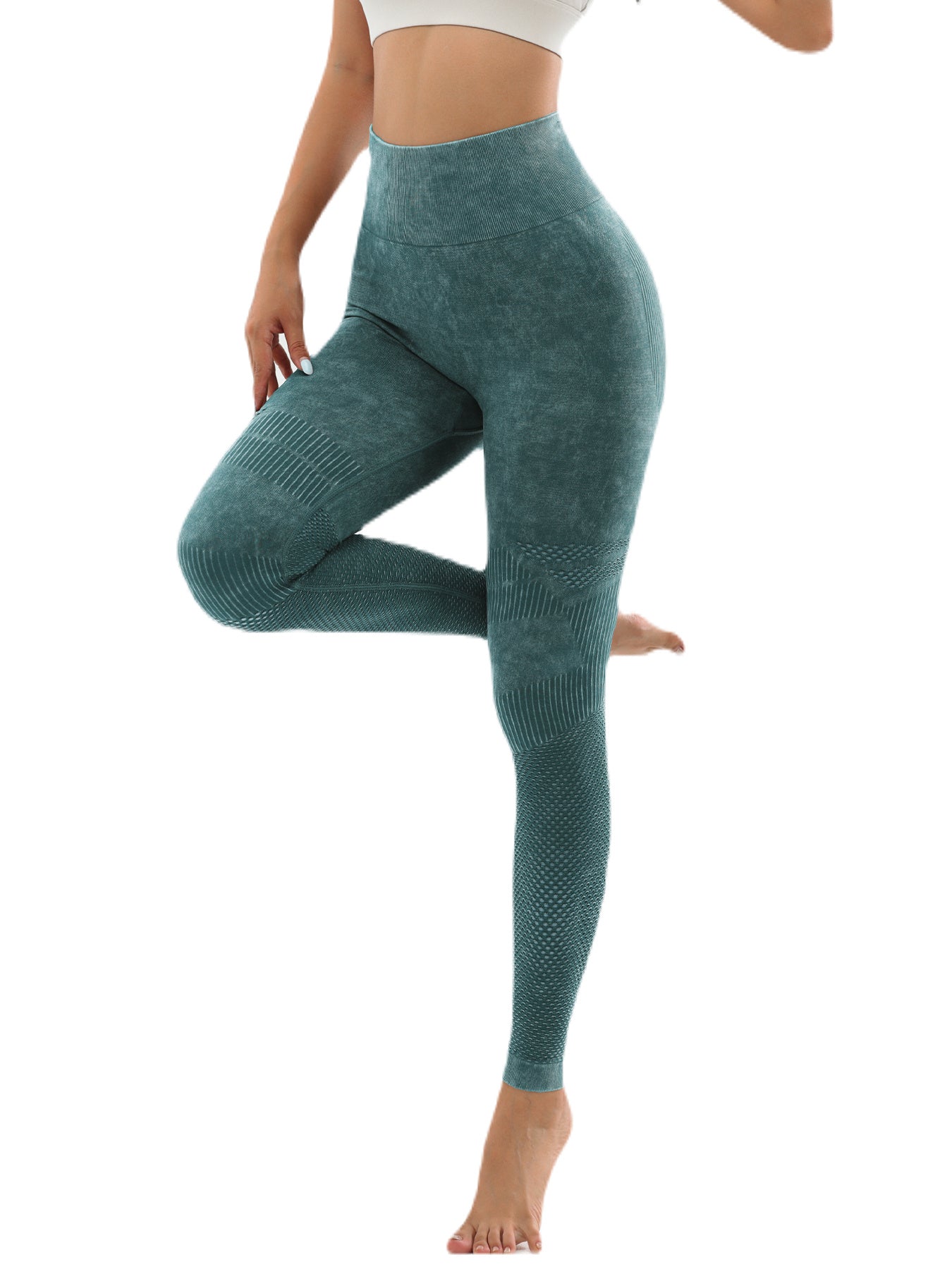 woman wearing high waist washed seamless teal green sports leggings with textured tummy control on white background
