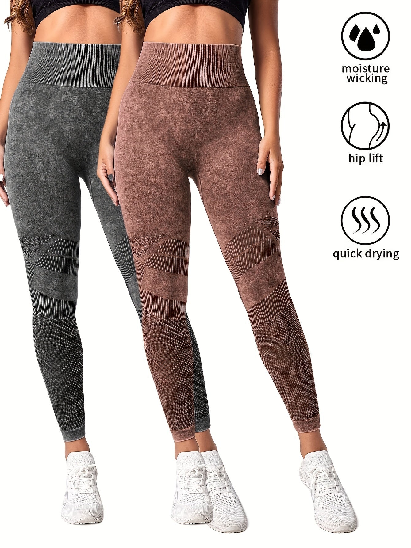 Two women wearing textured high-waist seamless sports leggings in grey and brown with wide waistband, moisture-wicking, hip lift, quick drying