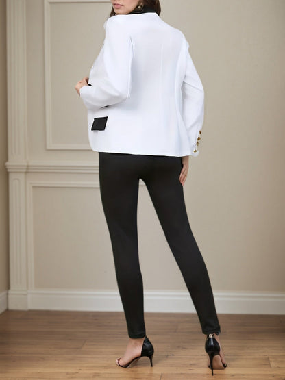 2025 Black And White Two - piece Pants Set, Casual Double Row Button Front Suit Jacket And Straight Leg Pants, Fashionable Women&