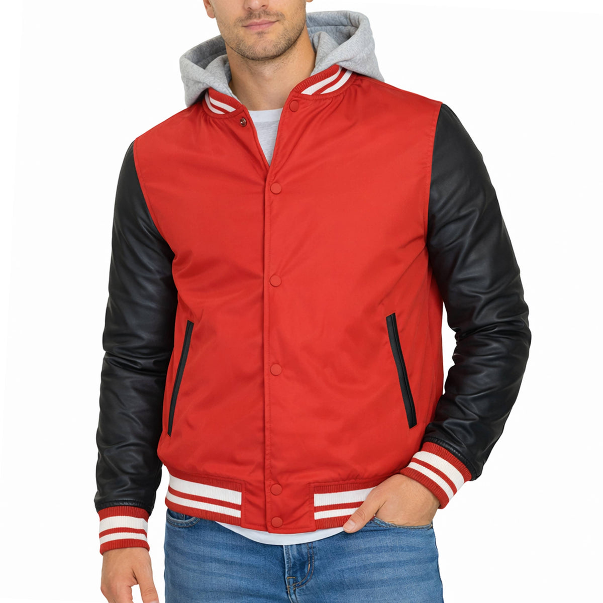 Men’s Hooded Varsity Jacket w/ Detachable Hood